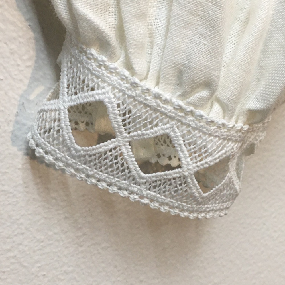 Zara Linen Cotton Embroidered Blouse Medium Cream Front Tassel Tie Beaded Boho - Picture 5 of 10